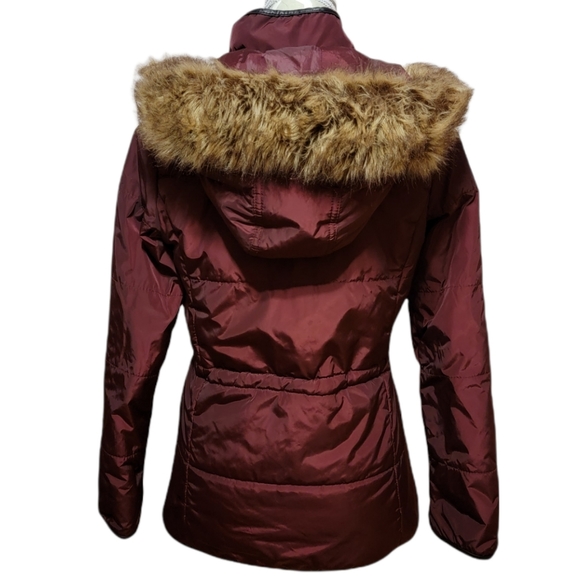 Fur Trimmed Hooded Parka - Burgundy - Picture 2 of 10